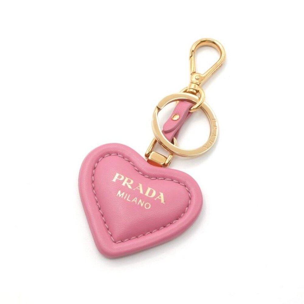 Prada Charm Pink Gold Nappa Leather Key Ring Logo Heart - Picture 2 of 7